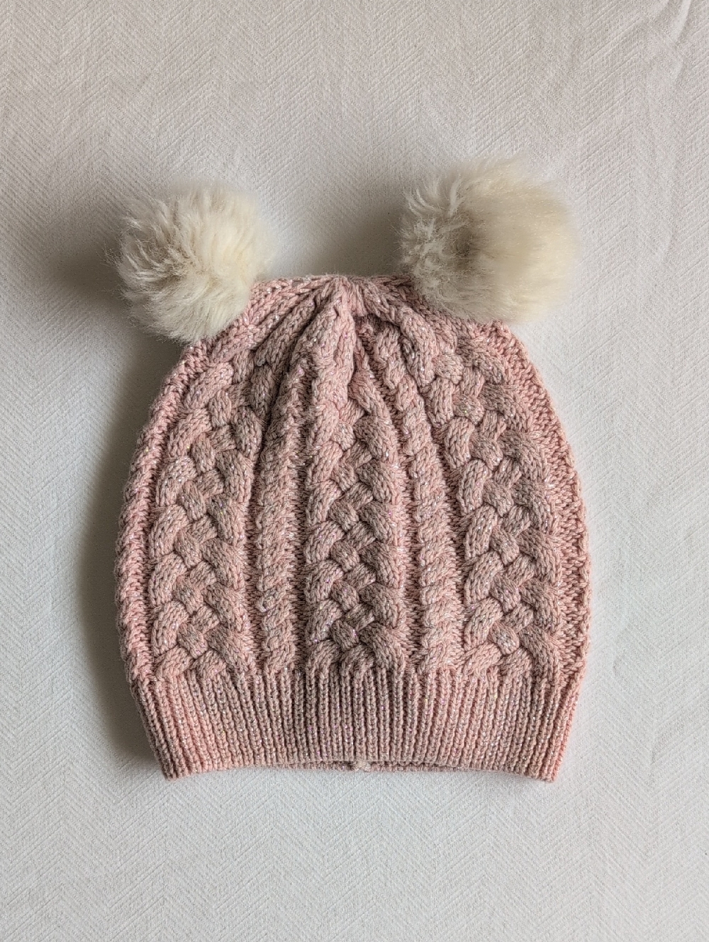 little lizette double pom cable knit tuque beanie pink metallic faux fur baby